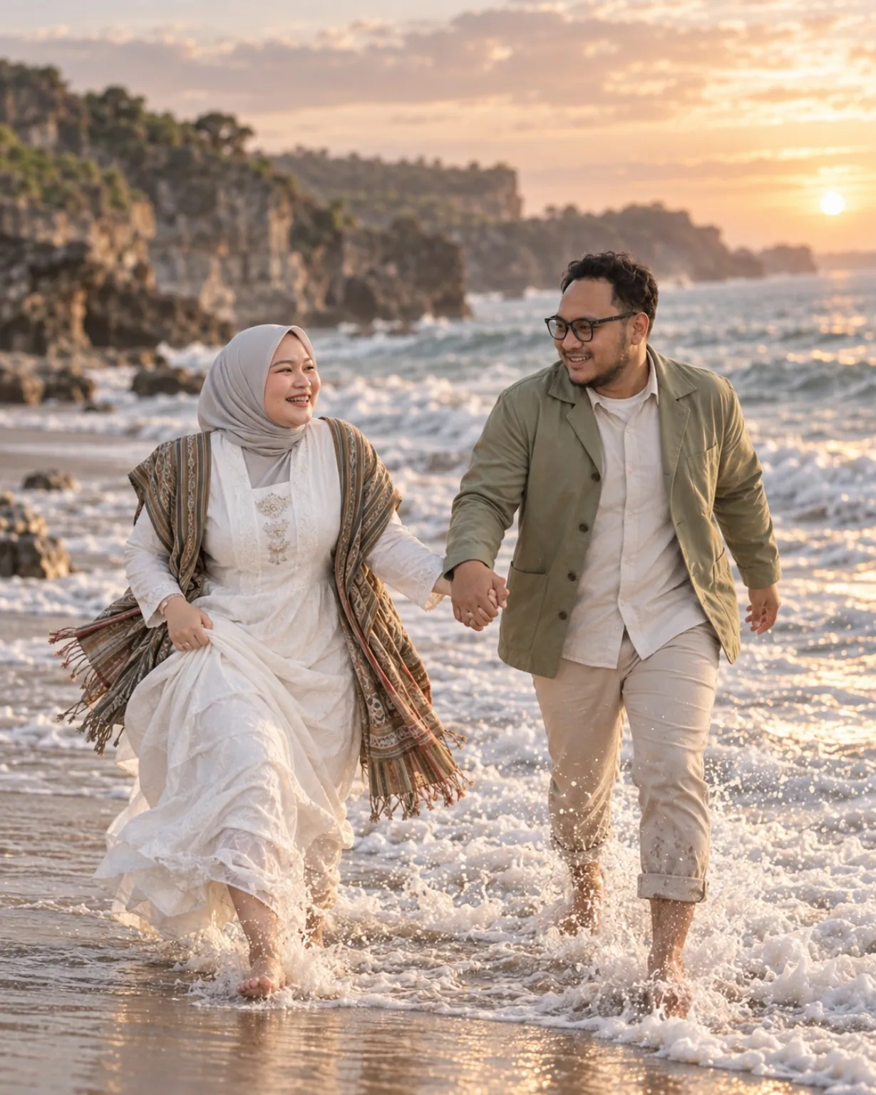 Adam dan Nadhila berjalan bersama di tepi laut